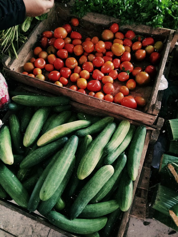 services-02 Vibrant tomatoes and cucumbers on display at a local farmers market.